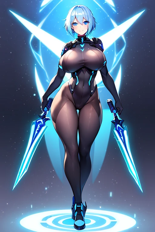 1girl, white skin, light skin, smile, light smile, blue hair, short hair, blue eyes, large breasts, breasts, wide hips, black bodysuit, bodysuit, sleeves, short sleeves, pantyhose, black pantyhose, futuristic, science-fiction, neon trim, neon, full_body, ((full body)), standing, swords, lighsaber, sword