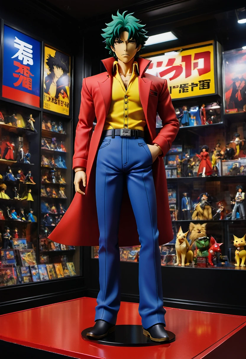 (best quality,4k,8k,highres,masterpiece:1.2),ultra-detailed, Cowboy bebop doll's , product for sale, in the window of a toy store, Cowboy Bebop is a Japanese animated series. set in the year 2071. text that says " cowboy bebop " .