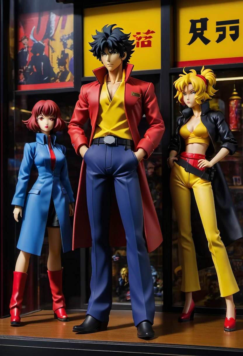 (best quality,4k,8k,highres,masterpiece:1.2),ultra-detailed, Cowboy bebop doll's , product for sale, in the window of a toy store, Cowboy Bebop is a Japanese animated series. set in the year 2071. text that says " cowboy bebop " .