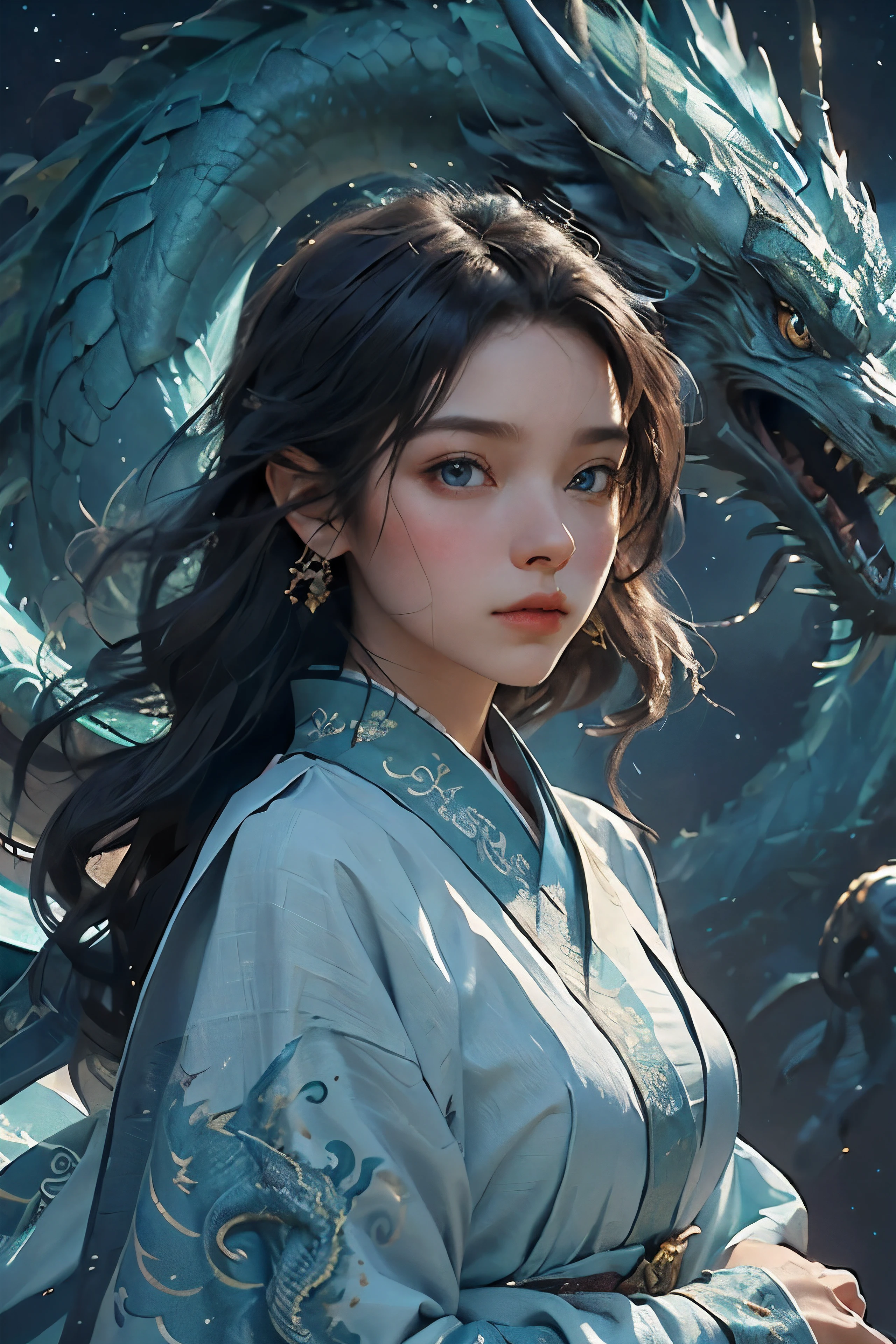 tmasterpiece，best qualtiy，realisticlying，photorealestic，The painting depicts a woman standing next to a dragon，The background is an incomparably vast starry sky，The whole painting uses cute and authentic portraits(Handsome realistic portrait style)，And has dark blue eyes。Long hair fluttering and cute(Cute:2)。The whole painting shows excellent realism and detail(photorreal details)，Light and shadow tracking，Rich in detail，Close-up of a woman in Han costume with a dragon，Portrait of a dragon girl，Dragon-inspired cloth robe，asiagirl，Long flowing black hair，Dragon girl，Dragon in the background，Golden dragon，Hanging ornaments，Chinese fantasy