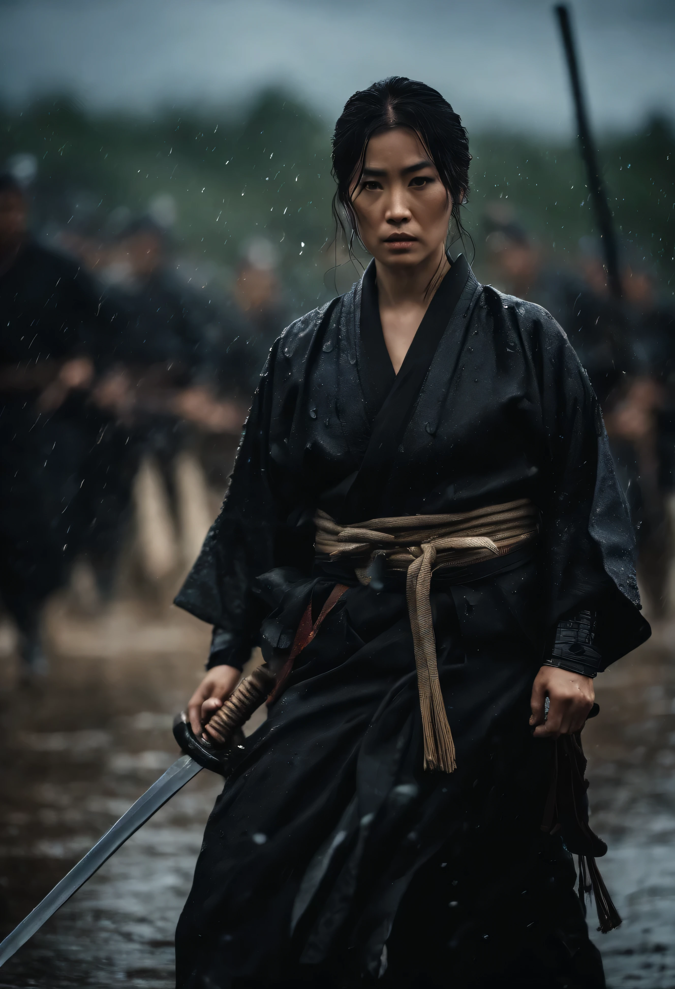 A Japanese swordswoman, wearing a black haori, katana on waist, cinematic,water droplets, raining,in the middle of a battlefield, surrounded by other samurai,long fringe hair, ,scar on face