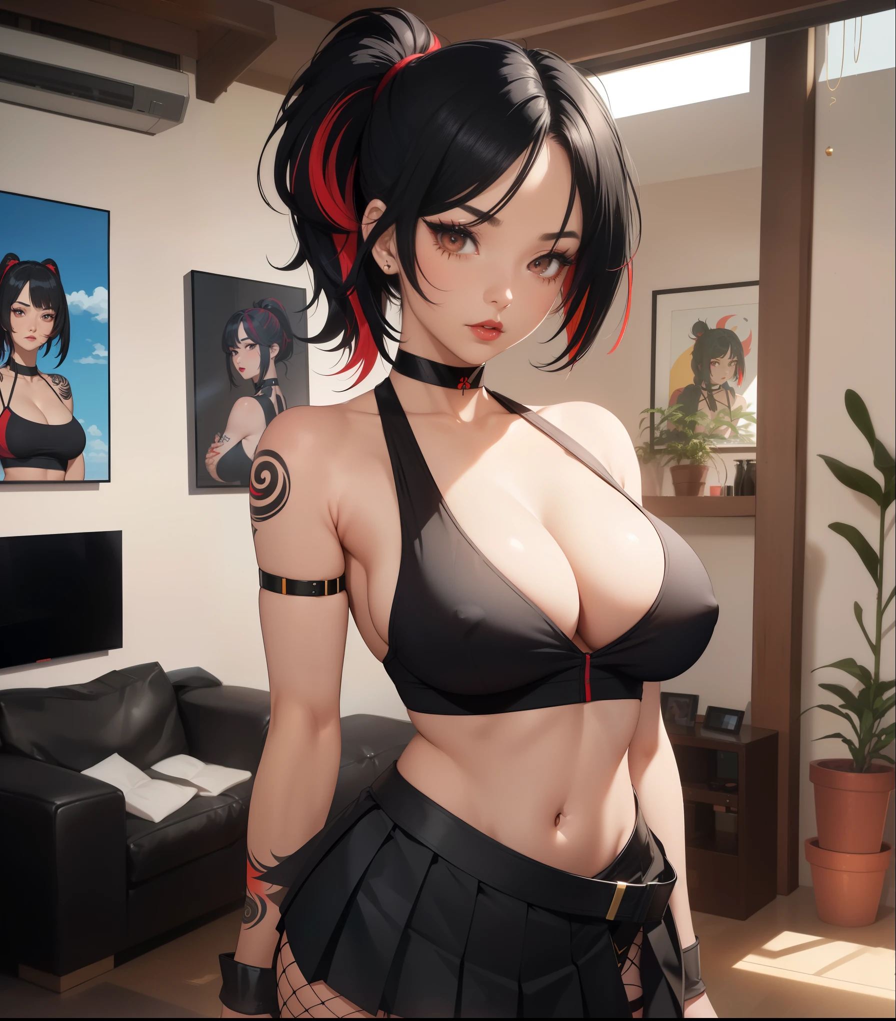 Big breasts,1adult girl, solo, expressive eyes ((black hair: 1.4, red tips, multicolored bob hair with short ponytail, choker)), double eyelids, light effect on eyes, brown eyes, adult woman, milf, (black top, pleated skirt, fishnet stockings) confident face, sfm, eyebrow piercing, ear piercing, navel, nagatiti, hanging breasts, ((Artwork, 16k, realistic, shadow and light on skin)) makeup, dark lipstick, a living room, tattoo on arms, open waist, (perfect symmetrical body)