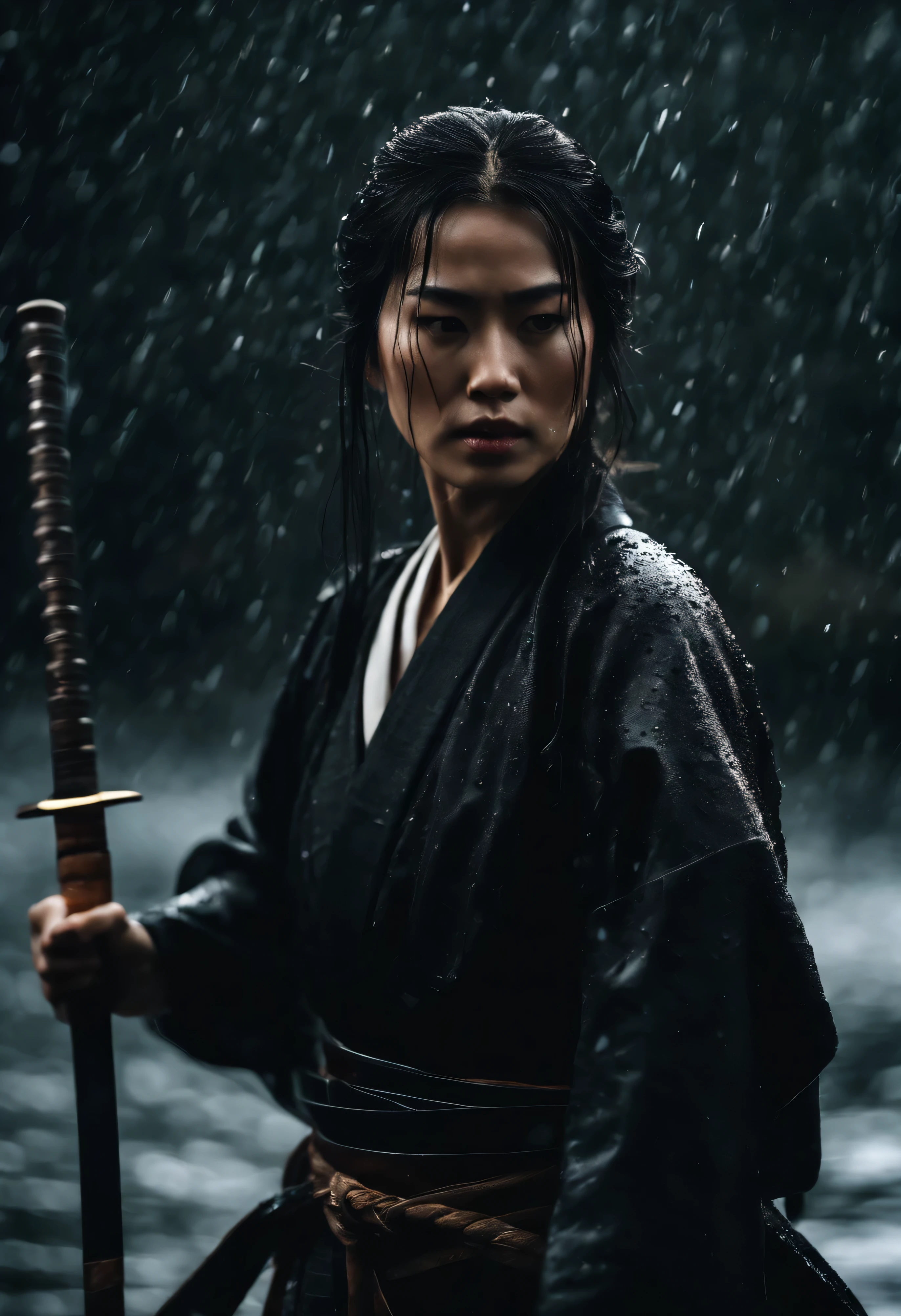 A Japanese swordswoman, wearing a black haori, katana on waist, cinematic,water droplets, raining,in the middle of a battlefield, surrounded by other samurai,long fringe hair, ,scar on face