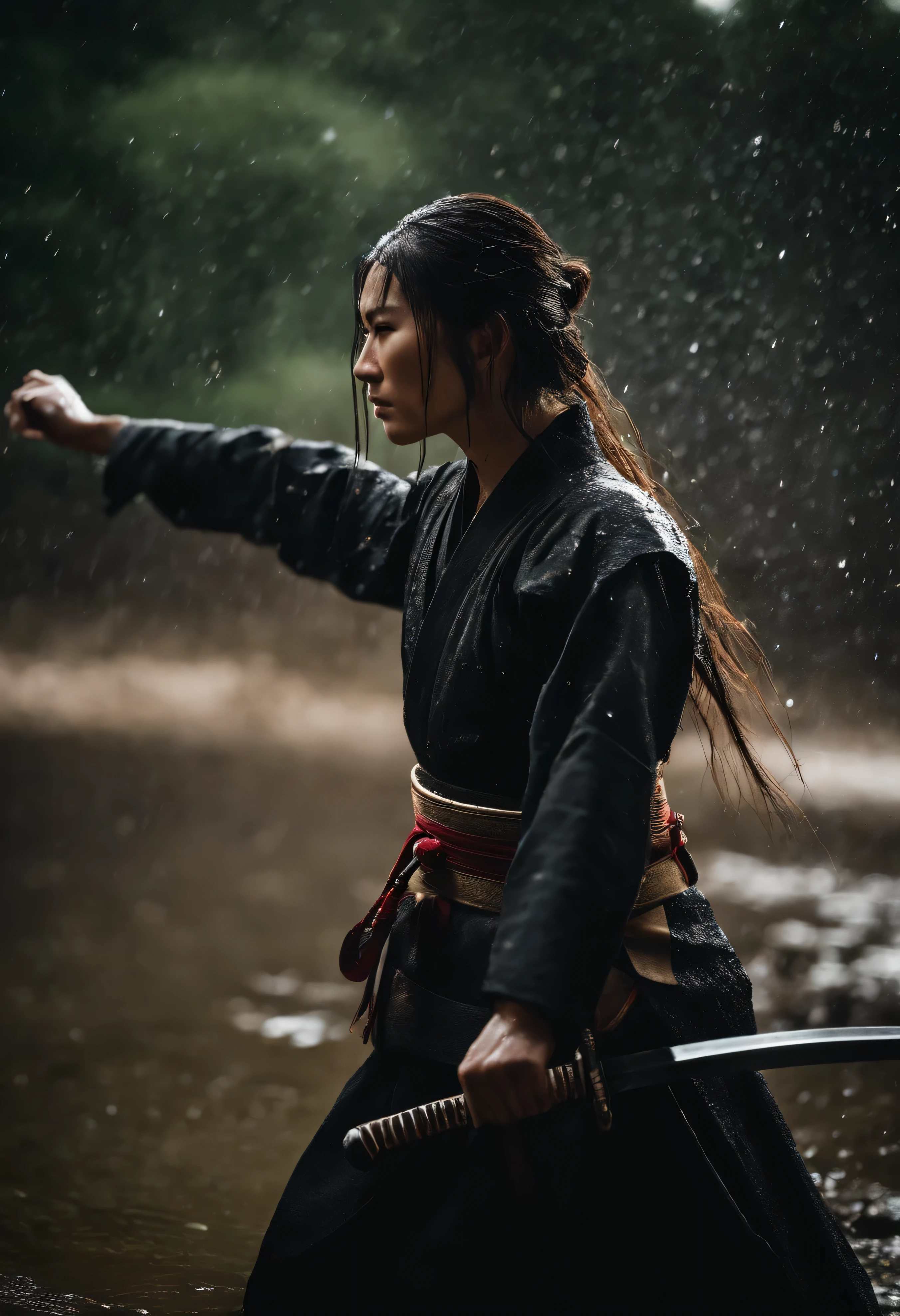 A Japanese swordswoman, wearing a black haori, katana on waist, cinematic,water droplets, raining,in the middle of a battlefield, surrounded by other samurai,long fringe hair, ,scar on face