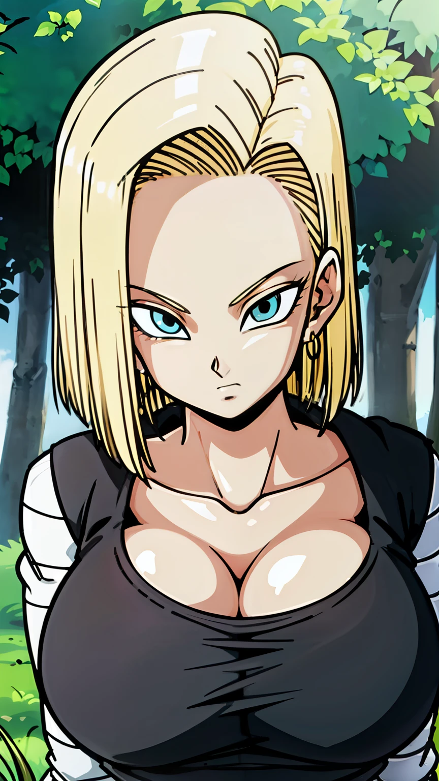 masterpiece, detailed face, 
android 18,  buu saga, , 1girl, solo, looking at viewer, short hair, blue eyes, blonde hair, collarbone, 
field, trees,((huge tits:1.2)),cleavage, forest, upper body, lying on field, hovering, 
midair, 
black shirt, long sleeves, striped sleeves, hoop earrings, shoes, orange socks, belt, high waist pants, embarrassed 