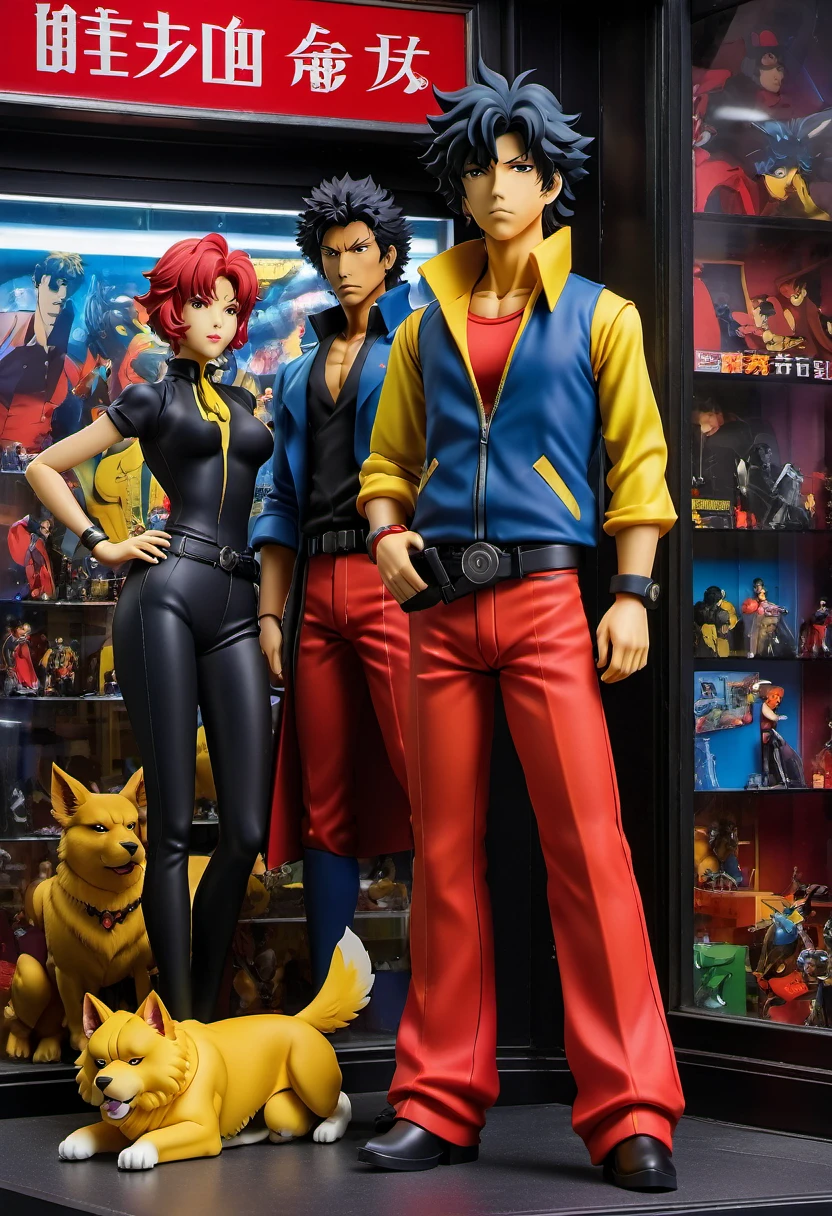 (best quality,4k,8k,highres,masterpiece:1.2),ultra-detailed, Cowboy bebop doll's , product for sale, in the window of a toy store, Cowboy Bebop  is a Japanese animated series. set in the year 2071.  text that says " cowboy bebop " .
