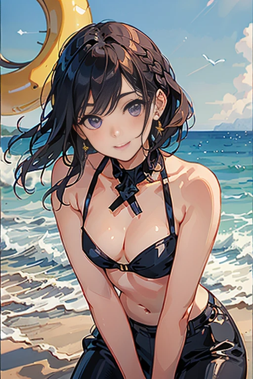 Light reflects on the hair and makes it shiny、Backlight、face light、Close-up light on chest、(summer Beach :1.1)、(random coler bikini:1.3)、I don't wear pantyhose1,9、 round glasses、round face、young face、small nose、,(with sparkling eyes and a contagious smile),brown hair、fine hair,hair spreading in the wind、hair is shiny、short braided hair、masterpiece, highest quality, Super detailed, High resolution, Detail view, very beautiful detailed face and eyes, bright colors, 1 girl, Beautiful lighting, cute face, delicate beautiful face, Bright magenta eyes, cute eyes, sparkling eyes, Big eyes, medium breasts, (perky chest:1.1), (pointed chest:1.1), medium hips, glamorous body, white skin, smile, break, thin pubric hair, shiny hair, off underware ,small cute ribbon, Real World, Natural light, perfect lighting,perfect Natural light、looking at viewer,