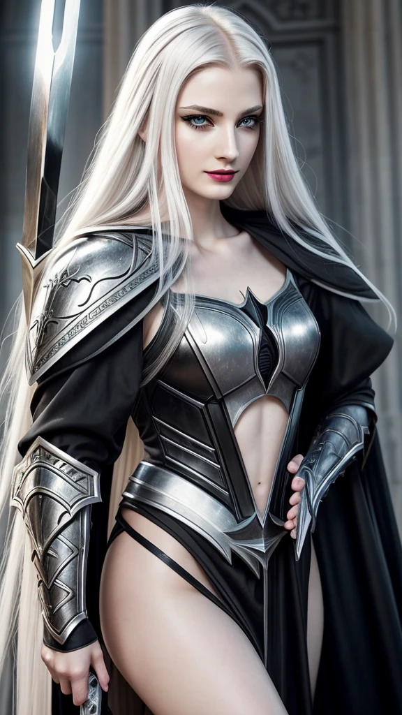 Angle with Florence halo , thin curved eyebrows, long black luscious eyelashes, black eyeliner, dark eye shadow, face makeup, bark lipstick,defined black iris,detailed Florence eyes,long luscious platinum blond hair, pale skin,hour glass body, realistic anglic armor, robes under armor, full size feather wings on back, sword and shield, battling in the background dawn,