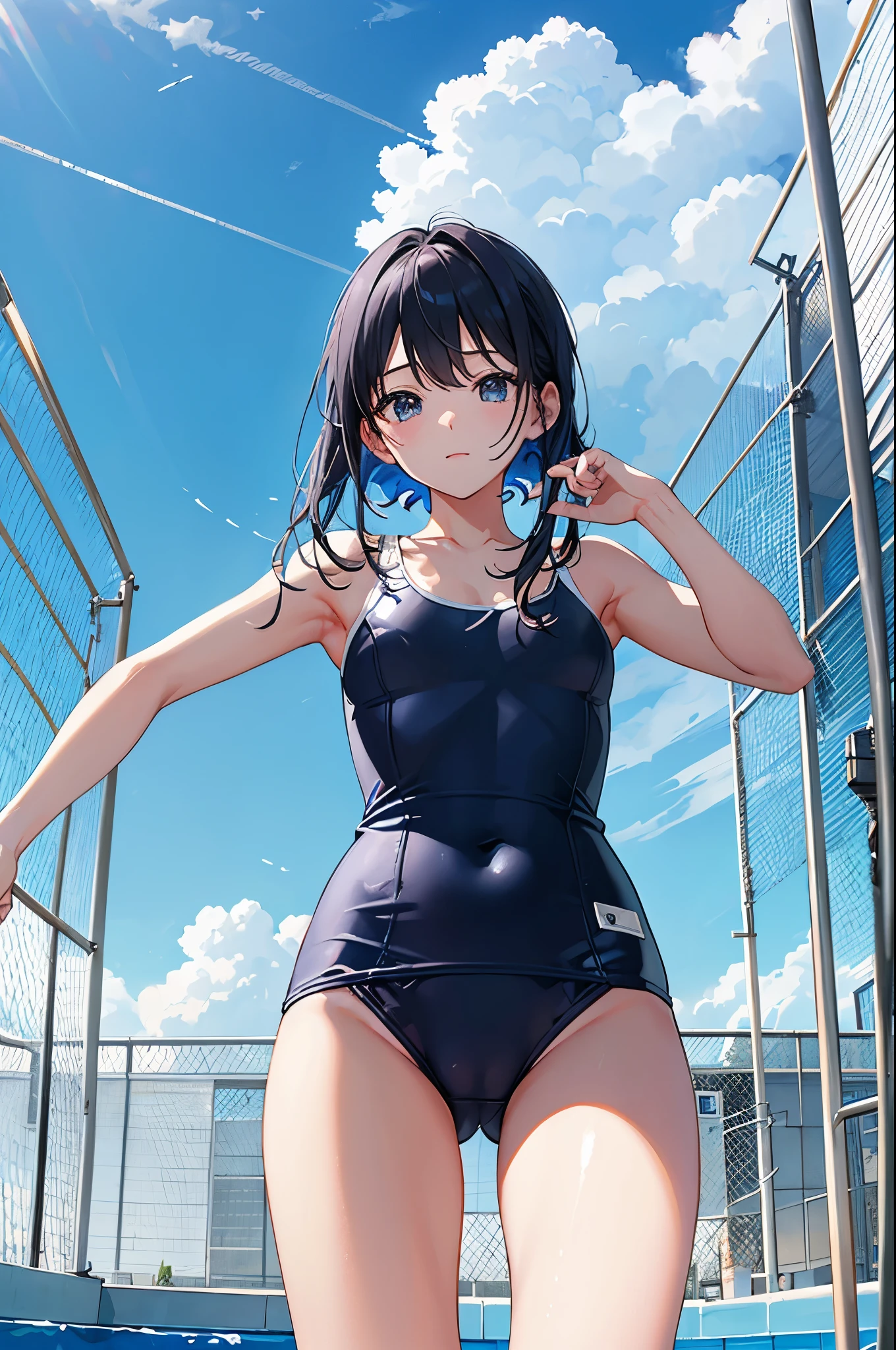 Blue sky、summer、Outdoor swimming pool at school、Poolside、Low - Angle、((from below:1.2)), chain link fence、high quality、最high quality、Complete limbs、Ultra-high resolution、Shining Eyes、Full hands and fingers、Slender beauty、Random hair color、、wear school swimsuit、