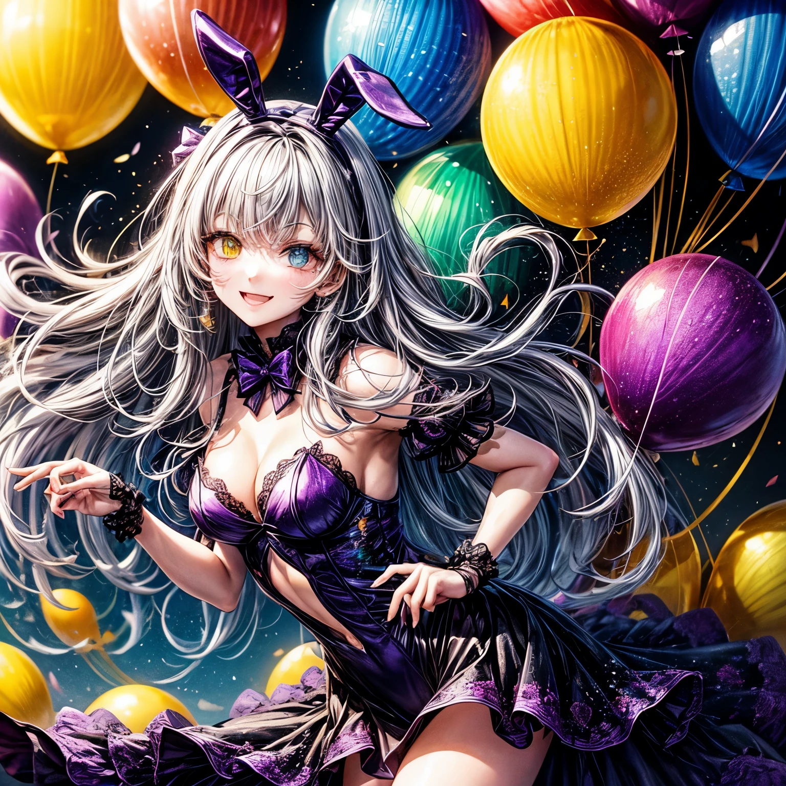 ((最Low quality、Low quality))、Matepiece、Highest quality、Super detailed、masterpiece、face focus、17-year-old beautiful girl、solo、(Beautiful purple and yellow heterochromatic eyes:1.4)、Fuller lips、Bunny girl、Playboy Bunny、Long silver hair、(The best smile:1.2)、Cool glasses, (Have a birthday cake:1.2)、(Background with many flying balloons:1.2)、Balloon effect🎈、masterpiece、32k、