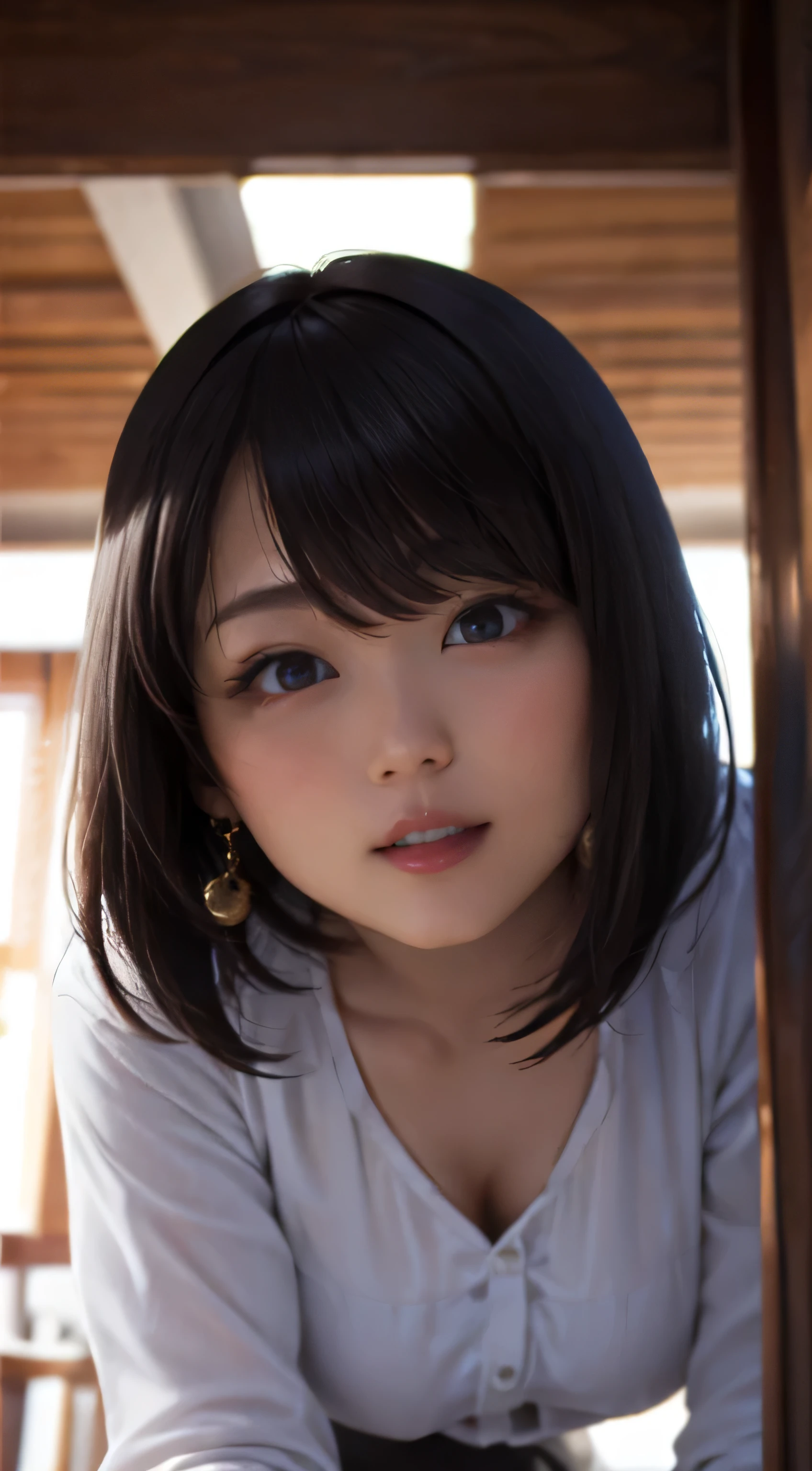 high-definition images, atmospheric perspective, 8k, super detail, accurate, best quality, single shot, 1 woman, (masturbation), ((orgasm, ecstasy face)), (blush), dark brown pupil, open mouth, tongue, ((drooping eyes, blush)), ((sleepy face)), (angle from below), (outside, eccentric place), (eccentric pose), chest, tiny earrings, short bob,