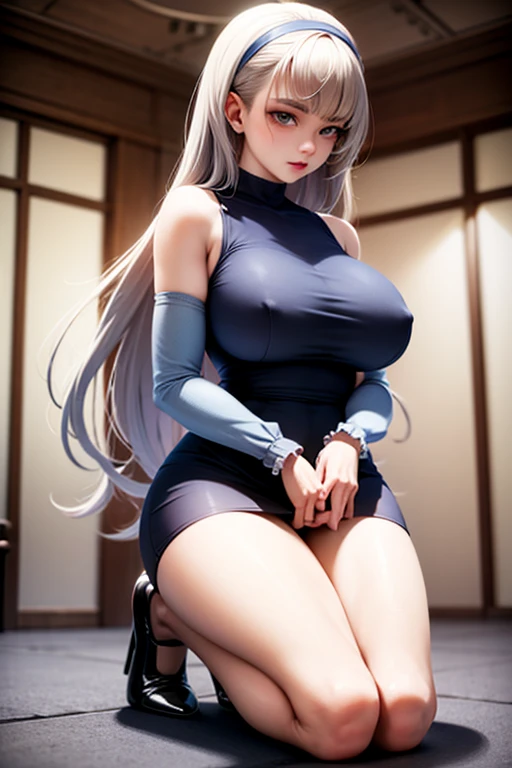 Gwen Tennyson, gwen Tennyson, blue top, gray skirt, long hair, big , thighs highs, kneeling, big breast, youthful, pink lips