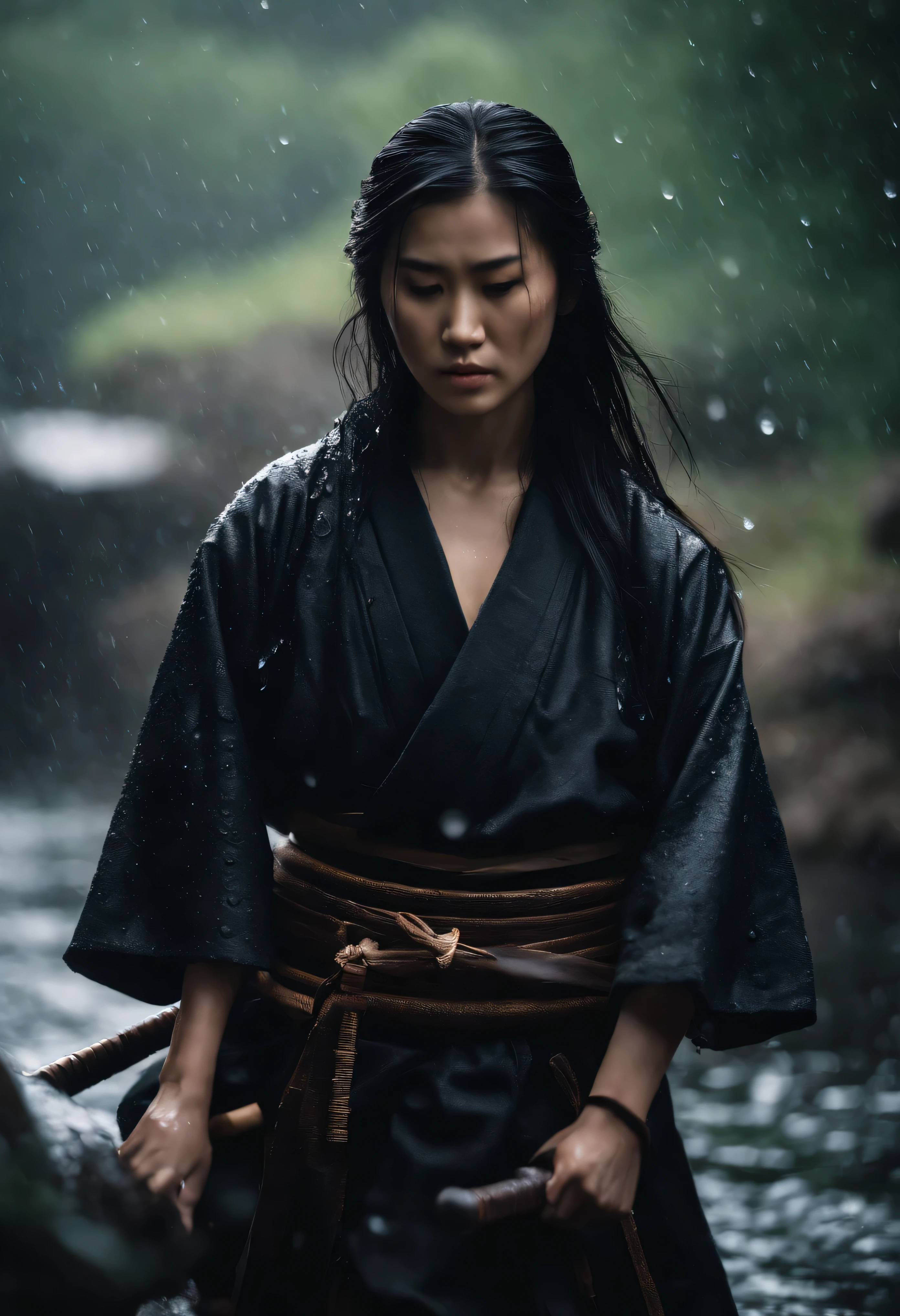 Ultra realistic, Raw photo, highly detailed, A young cute Japanese swordswoman, wearing a black haori, katana on waist, cinematic,water droplets, raining,in the middle of a battlefield, surrounded by other samurai, long fringe hair, black hair,scars on face