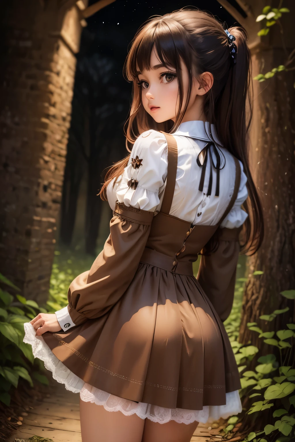 ((Super detailed,ultra high resolution,detailed background)),ancient city,dark forest at night,spooky,Chill,Inspiration,1 girl,wearing a minidress、Wearing a white collared long-sleeved blouse、facing away