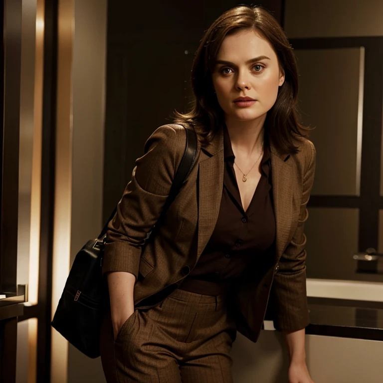 Emily Deschanel dressed in a blazer and brown dress pants