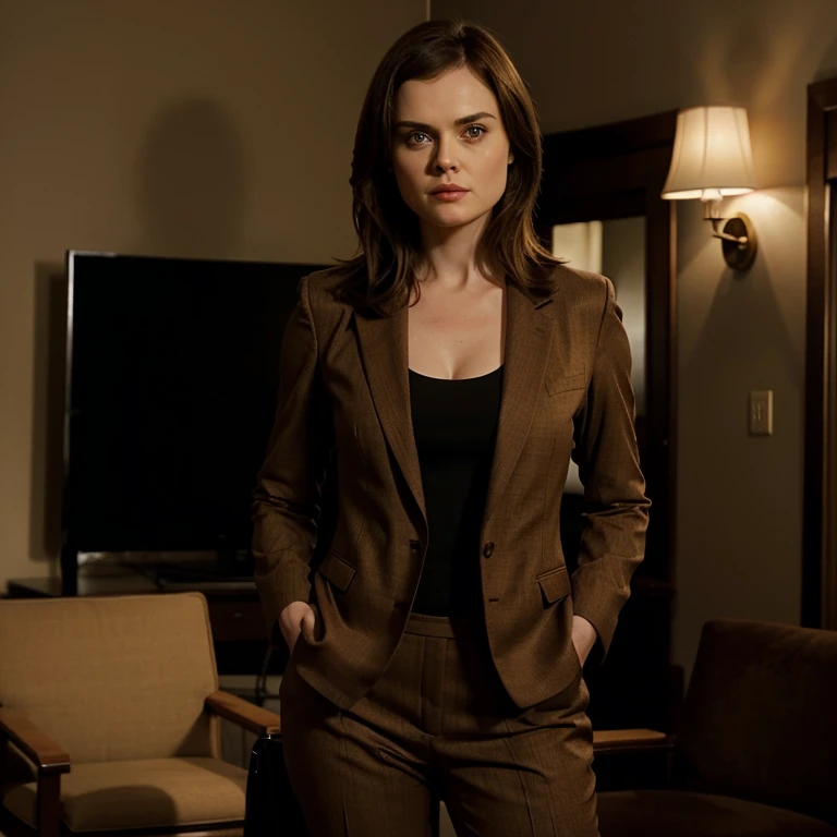 Emily Deschanel dressed in a blazer and brown dress pants