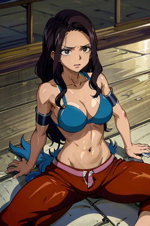 Imagine a stunning anime girl with tan skin, wearing a bikini top and cargo pants, lying on the floor in a state of starvation and discomfort. Her ribs are visible and her sweat glistens in the light, a range of styles and variations to choose from for this stylistic rendering.