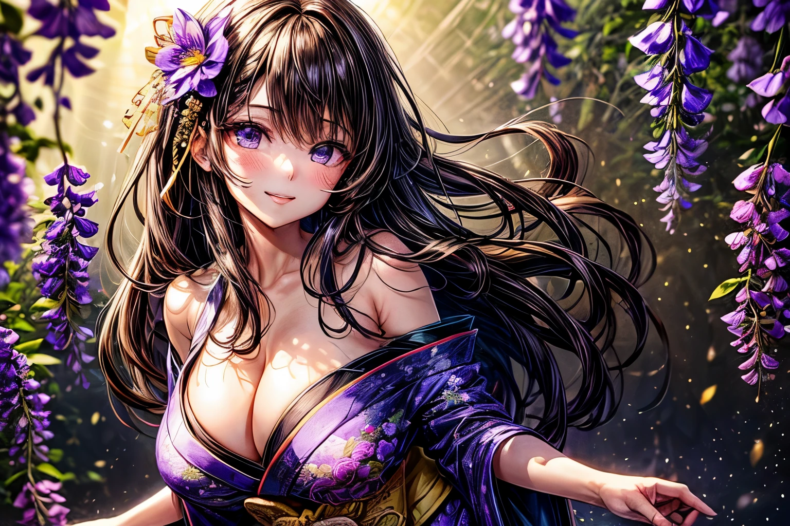 ((worst quality, low-quality)), ((a closeup)), (girl with:1.2), (Big breasts), (A dark-haired, short-cut:1.3), (Dynamic Pose:1.2),plump shiny lips, Beautiful clear eyes, (The best smile), Spoken Heart, (perfect hand:1.2), (purple theme:1.4), (Japanese courtesan girl with:1.3), (Comes with maxi length mauve kimono [yellow] Obi:1.4), (Precise wisteria flower embroidery and fancy patterns: 1.3), (off shoulders:1.4), (geta:1.2), (fancy wisteria flower hair ornament:1.3), ((super huge ribbon:1.2) in front of the waist:1.3), low angle shot, (Bewitching light, rays of moonlight:1.4), (Background of the wisteria trellis:1.2), masutepiece,Best Quality,ultra-detailliert, ​masterpiece,