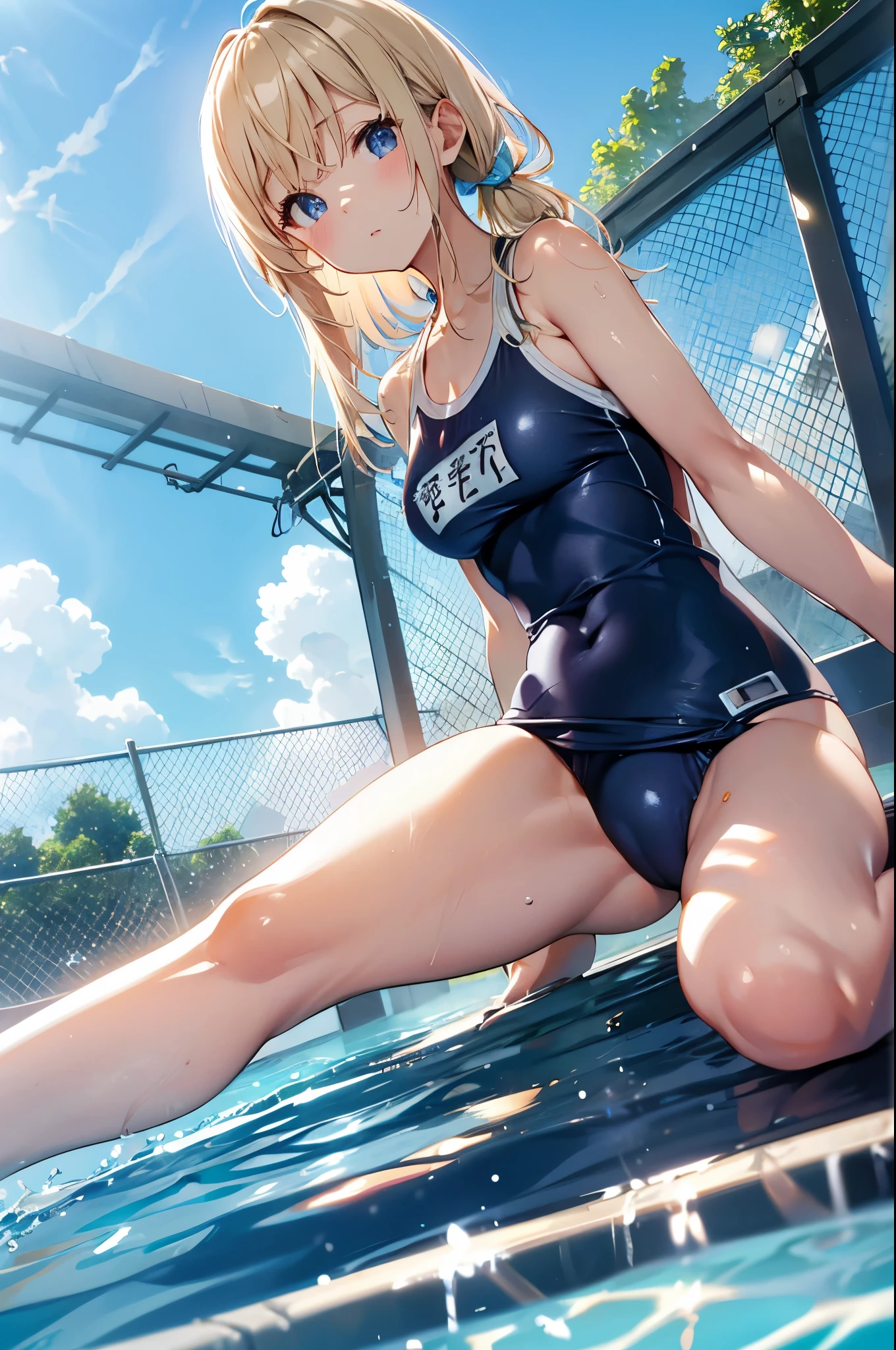 Blue sky、summer、Outdoor swimming pool at school、Poolside、Low - Angle、((from below:1.2)), chain link fence、high quality、最high quality、Complete limbs、Ultra-high resolution、Shining Eyes、Full hands and fingers、Slender beauty、Blonde、wear school swimsuit、