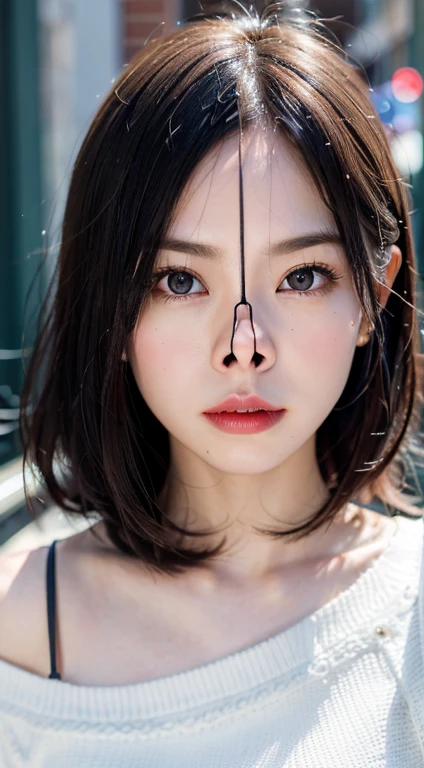 Fashion trendy beautiful and attractive woman, ,(Top quality realistic textured skin:1.4), Fine grain, Detailed face, Quality eyes, Focus your eyes clearly, Nose and mouth,Face focus, Super Face close-up gentle and charming Chinese beautiful woman, Delicate and sexy collarbone, Attractive oval face, double eyelid, Smart peach blossom eyes, Pink Lips, Small Nose, Bare shoulders, Focus on the face, Face close-up, Ultra-high resolution, Very detailed, Full body photo, Ultra thin and transparent, The white off-shoulder shirt and light blue slit skirt go great together.., fresh and good, And see through,Cinematic lighting,Rim Light,Bobcut,Completely naked,(nsfw)