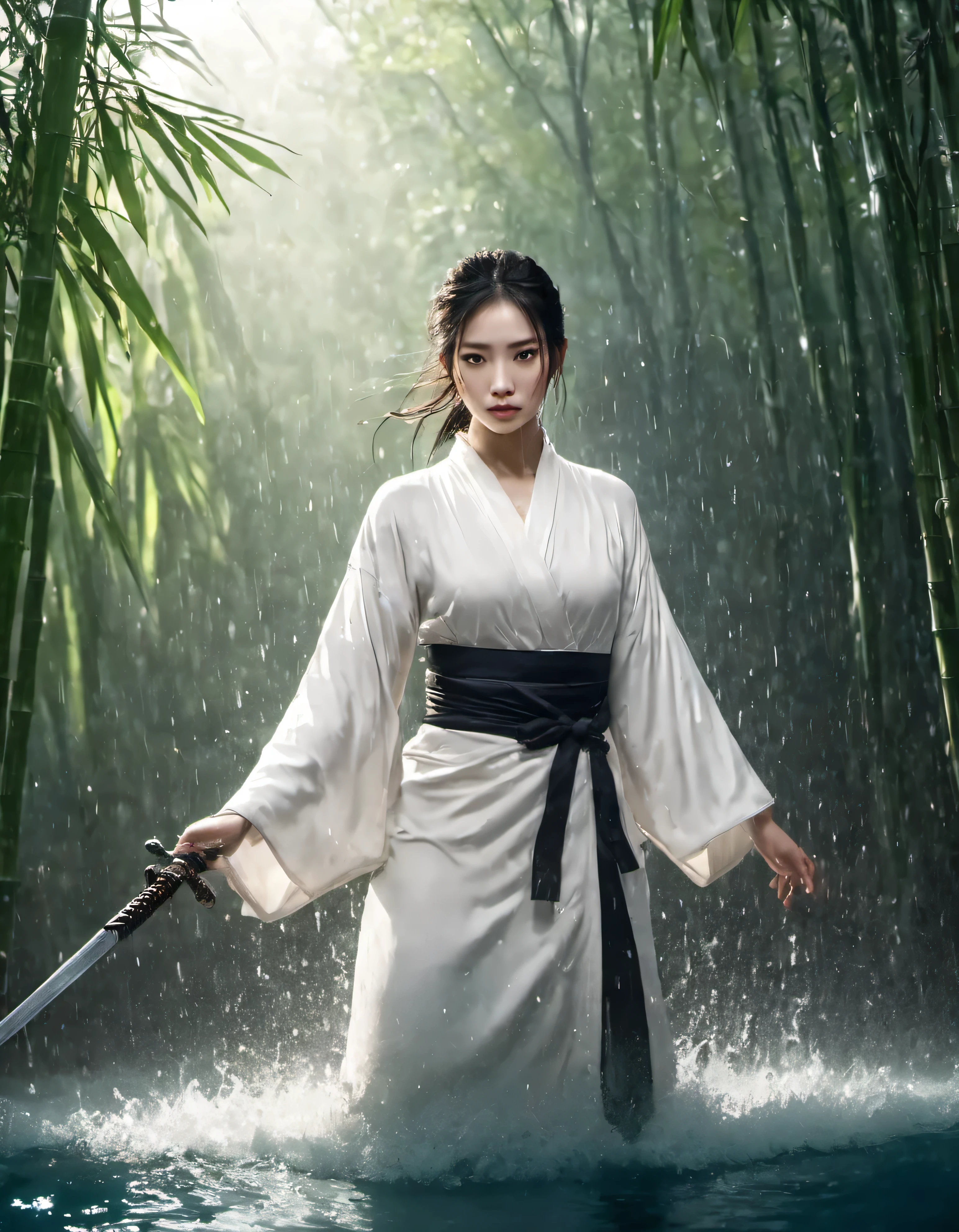 (Ultra Realistic), highly detailed, Raw photo, masterpiece,best quality,cinematic lighting,natural shadow,highest detail,professional photography,detailed background,depth of field,insane details,intricate,aesthetic,subsurface scattering,dynamic angle,A young and cute swordswoman in white Han costume stands in the water, She waved her sword,Doing very cool moves, The water in the gourd overflowed, water droplets, sparkling, bamboo forest, river, Bamboo leaves fall, Chasing the light, animation style images, CG animation, Fantasy artwork,lower style
