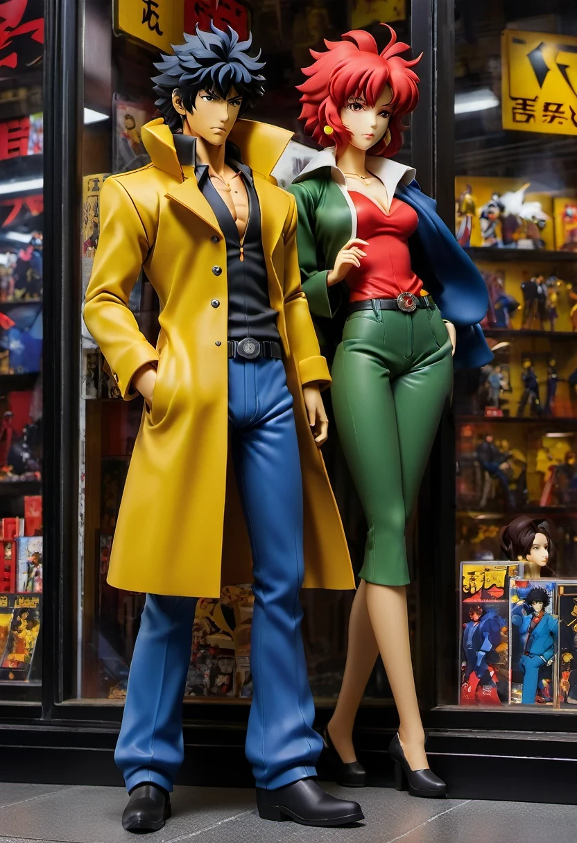 (best quality,4k,8k,highres,masterpiece:1.2),ultra-detailed, Cowboy bebop doll's , product for sale, in the window of a toy store, Cowboy Bebop is a Japanese animated series. set in the year 2071. text that says " cowboy bebop " .