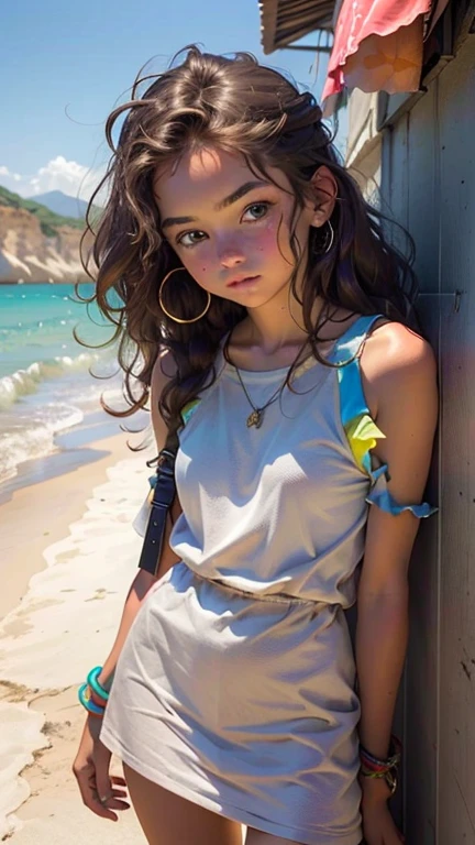 , cuerpo completo, hermosos ojos, wavy brown hair, vestido corto ajustado al cuerpo. De pie mirando al espectador, exprecion de deseo.