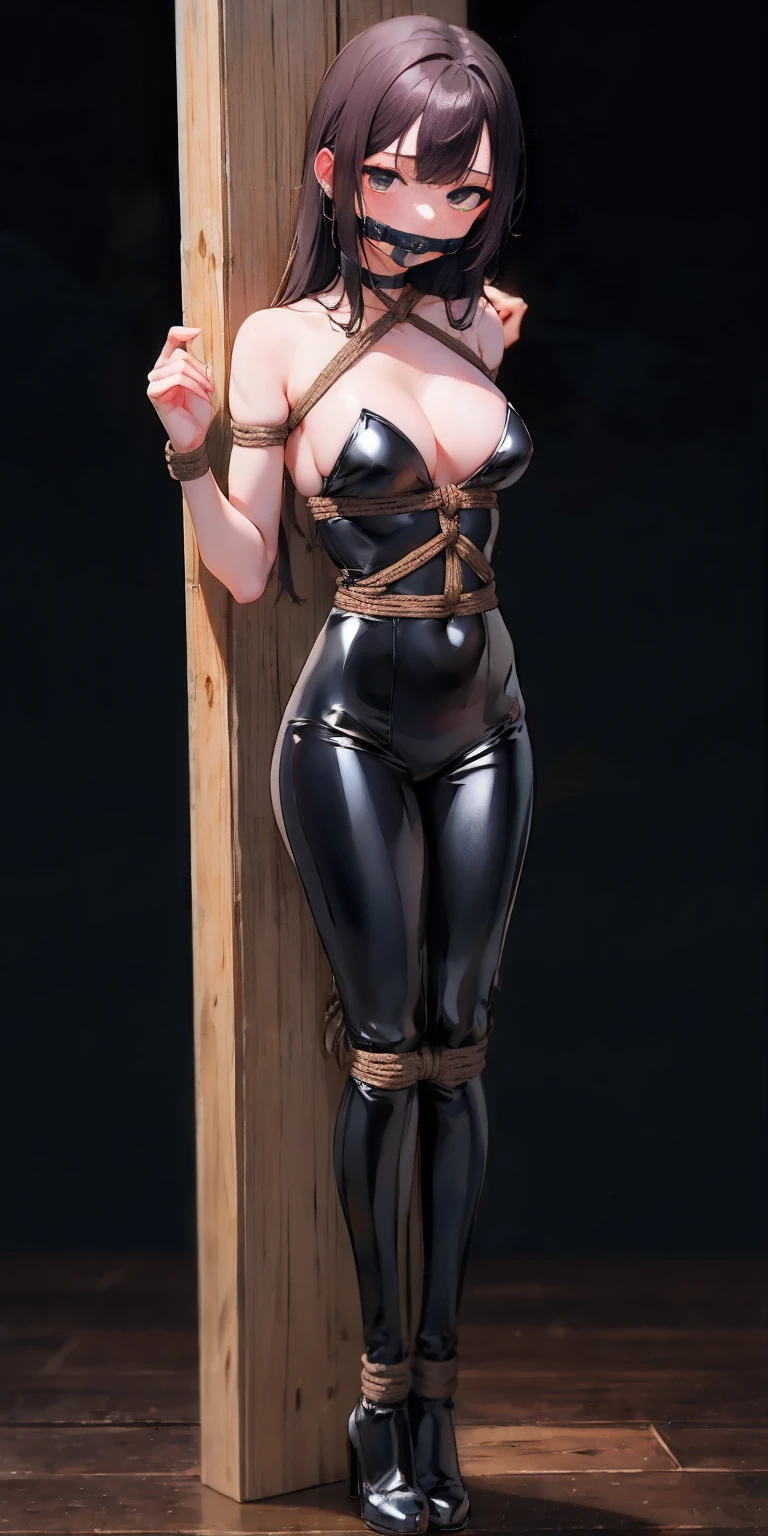 Full body bondage latex girl (black background) standing by wooden pole bondage