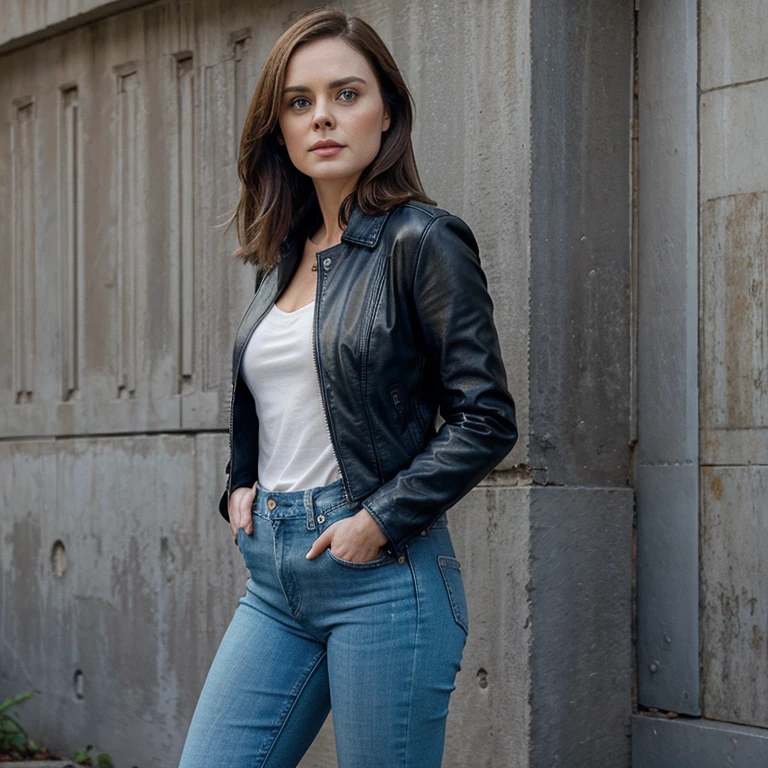 Emily Deschanel dressed in leather jacket and sky blue leather jeans