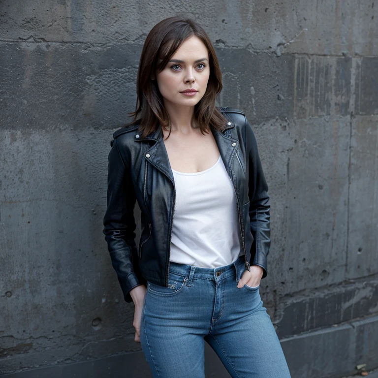 Emily Deschanel dressed in leather jacket and sky blue leather jeans