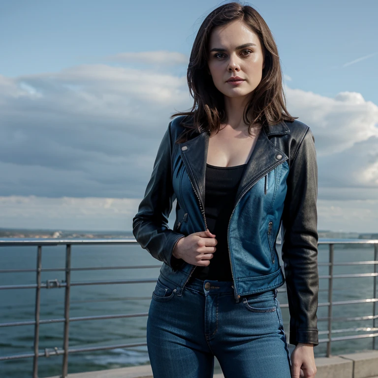 Emily Deschanel dressed in leather jacket and sky blue leather jeans