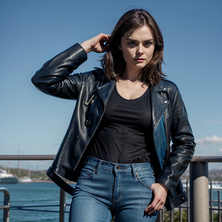 Emily Deschanel dressed in leather jacket and sky blue leather jeans