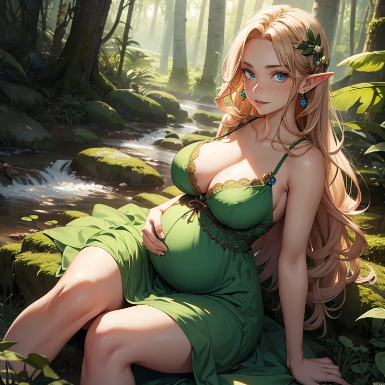 1girl, pregnant, elf, blue eyes, earrings, forest, flowers, natural lighting, masterpiece, highly detailed, illustration, game CG, absurdres, high quality, medium breasts, redhead, long curly hair, freckles, glossy lips, on her knees, looking up at viewer, seen from above, cleavage, erotic fantasy, Boris Vallejo, green dress made from leaves, skimpy