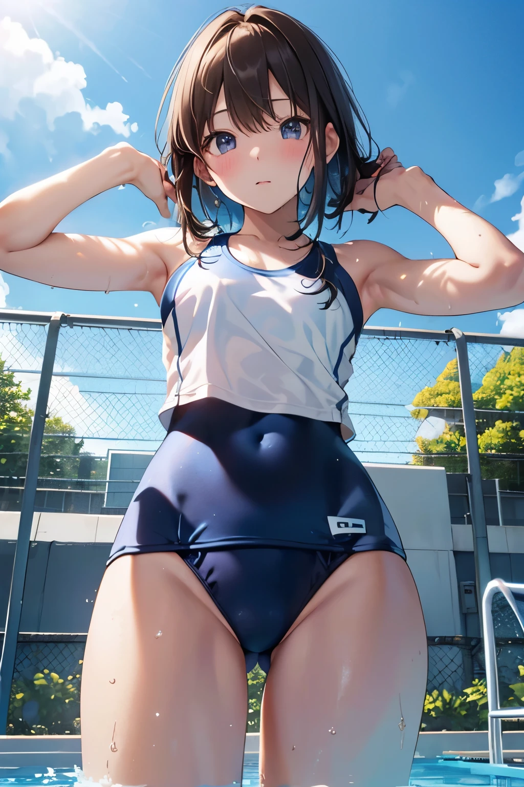 Blue sky、summer、Outdoor swimming pool at school、Poolside、Low - Angle、((from below:1.2)), chain link fence、high quality、最high quality、Complete limbs、Ultra-high resolution、Shining Eyes、Full hands and fingers、Slender beauty、brown hair、wear school swimsuit、