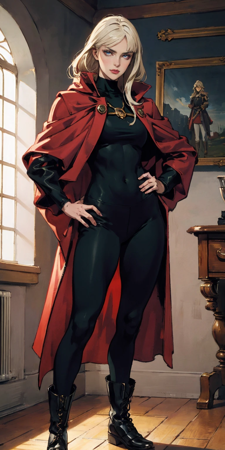 A woman with long platinum blonde hair, choppy bangs, arched crescent eyebrows, sharp and determined eyes, a delicate oval face, a serious expression, a fantasy-style dark green military coat, draped with a dark red cloak, military trousers, leather combat boots, silver greaves leggings, one hand on her hip, standing in a spacious training ground, this character embodies a finely crafted fantasy-style female military officer in anime style, exquisite and mature manga art style, pale skin, high definition, best quality, highres, ultra-detailed, ultra-fine painting, extremely delicate, professional, perfect body proportions, golden ratio, anatomically correct, symmetrical face, extremely detailed eyes and face, high quality eyes, creativity, RAW photo, UHD, 32k, Natural light, cinematic lighting, masterpiece-anatomy-perfect, masterpiece:1.5