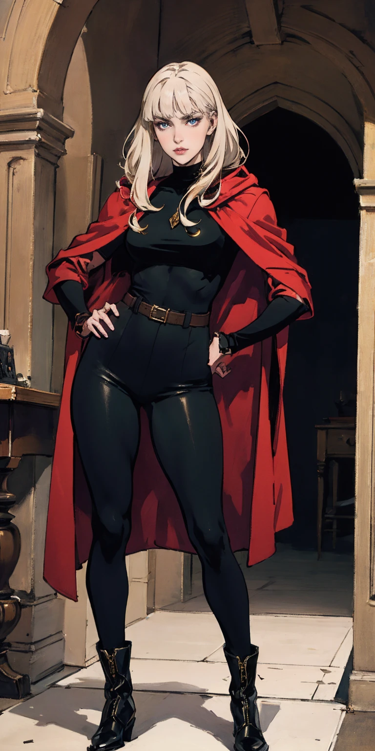 A woman with long platinum blonde hair, choppy bangs, arched crescent eyebrows, sharp and determined eyes, a delicate oval face, a serious expression, a fantasy-style dark green military coat, draped with a dark red cloak, military trousers, leather combat boots, silver greaves leggings, one hand on her hip, standing in a spacious training ground, this character embodies a finely crafted fantasy-style female military officer in anime style, exquisite and mature manga art style, pale skin, high definition, best quality, highres, ultra-detailed, ultra-fine painting, extremely delicate, professional, perfect body proportions, golden ratio, anatomically correct, symmetrical face, extremely detailed eyes and face, high quality eyes, creativity, RAW photo, UHD, 32k, Natural light, cinematic lighting, masterpiece-anatomy-perfect, masterpiece:1.5