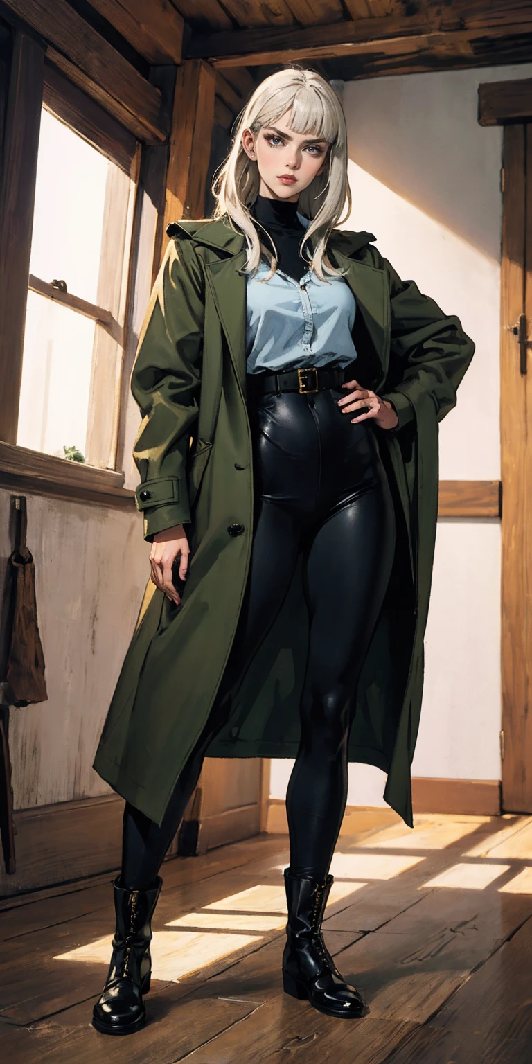 A woman with long platinum blonde hair, choppy bangs, arched crescent eyebrows, sharp and determined eyes, a delicate oval face, a serious expression, a fantasy-style dark green military coat, draped with a dark red cloak, military trousers, leather combat boots, silver greaves leggings, one hand on her hip, standing in a spacious training ground, this character embodies a finely crafted fantasy-style female military officer in anime style, exquisite and mature manga art style, pale skin, high definition, best quality, highres, ultra-detailed, ultra-fine painting, extremely delicate, professional, perfect body proportions, golden ratio, anatomically correct, symmetrical face, extremely detailed eyes and face, high quality eyes, creativity, RAW photo, UHD, 32k, Natural light, cinematic lighting, masterpiece-anatomy-perfect, masterpiece:1.5
