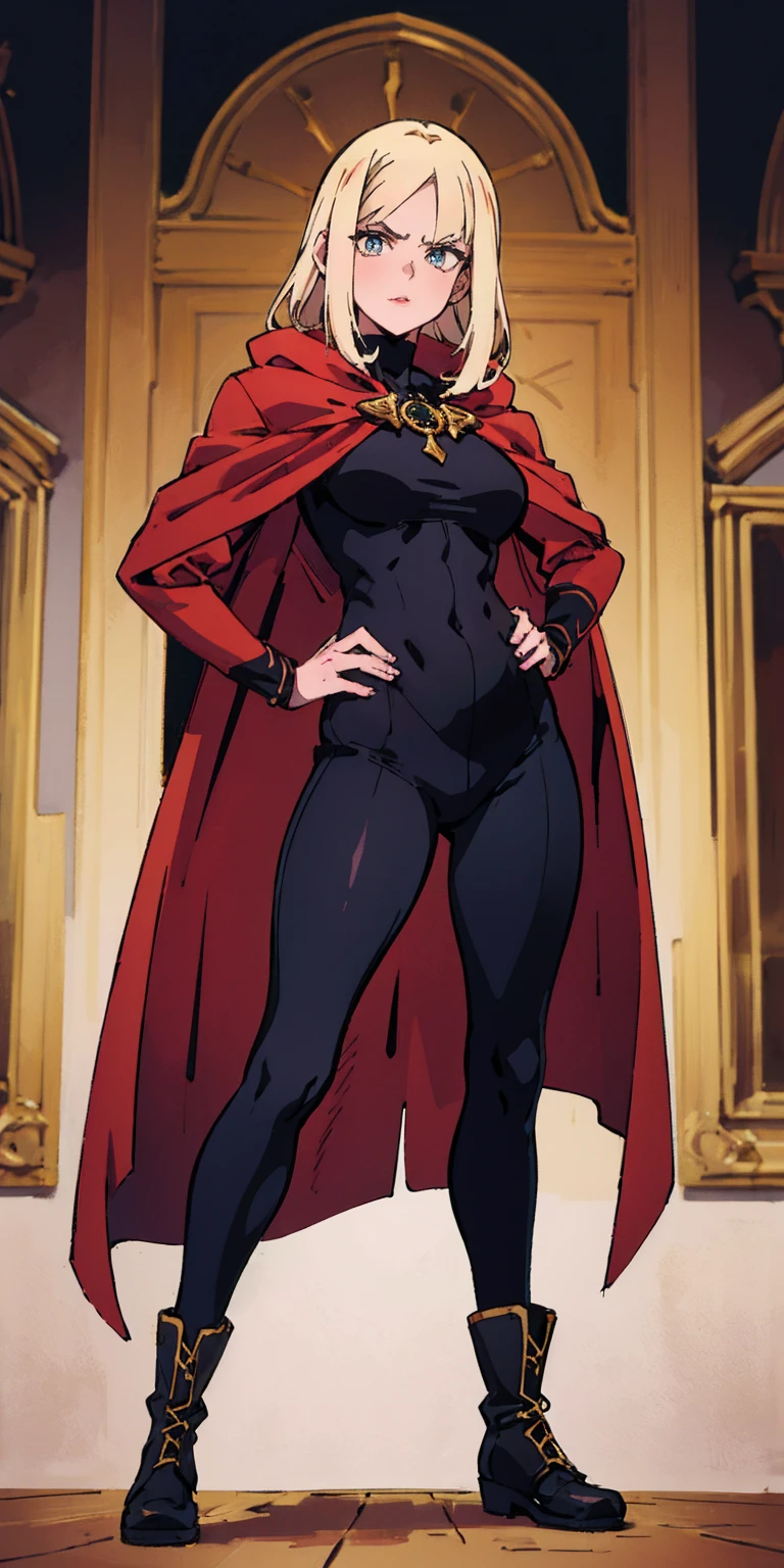 A woman with long platinum blonde hair, choppy bangs, arched crescent eyebrows, sharp and determined eyes, a delicate oval face, a serious expression, a fantasy-style dark green military coat, draped with a dark red cloak, military trousers, leather combat boots, silver greaves leggings, one hand on her hip, standing in a spacious training ground, this character embodies a finely crafted fantasy-style female military officer in anime style, exquisite and mature manga art style, pale skin, high definition, best quality, highres, ultra-detailed, ultra-fine painting, extremely delicate, professional, perfect body proportions, golden ratio, anatomically correct, symmetrical face, extremely detailed eyes and face, high quality eyes, creativity, RAW photo, UHD, 32k, Natural light, cinematic lighting, masterpiece-anatomy-perfect, masterpiece:1.5