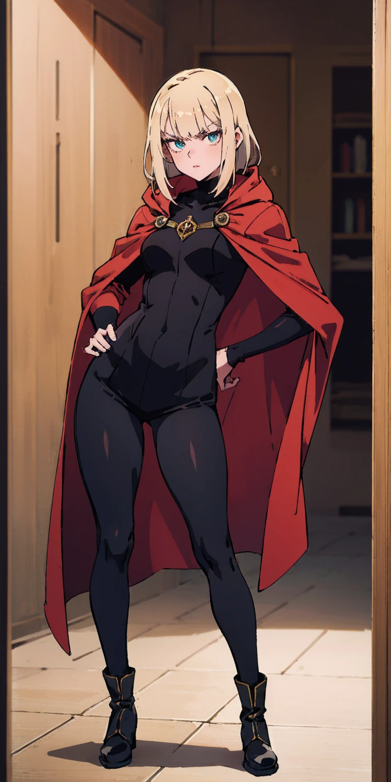 A woman with long platinum blonde hair, choppy bangs, arched crescent eyebrows, sharp and determined eyes, a delicate oval face, a serious expression, a fantasy-style dark green military coat, draped with a dark red cloak, military trousers, leather combat boots, silver greaves leggings, one hand on her hip, standing in a spacious training ground, this character embodies a finely crafted fantasy-style female military officer in anime style, exquisite and mature manga art style, pale skin, high definition, best quality, highres, ultra-detailed, ultra-fine painting, extremely delicate, professional, perfect body proportions, golden ratio, anatomically correct, symmetrical face, extremely detailed eyes and face, high quality eyes, creativity, RAW photo, UHD, 32k, Natural light, cinematic lighting, masterpiece-anatomy-perfect, masterpiece:1.5