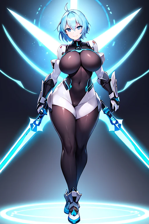 1girl, white skin, light skin, smile, light smile, blue hair, short hair, blue eyes, large breasts, breasts, wide hips, black bodysuit, bodysuit, sleeves, short sleeves, pantyhose, black pantyhose, futuristic, science-fiction, neon trim, neon, full_body, ((full body)), standing, swords, lighsaber, sword