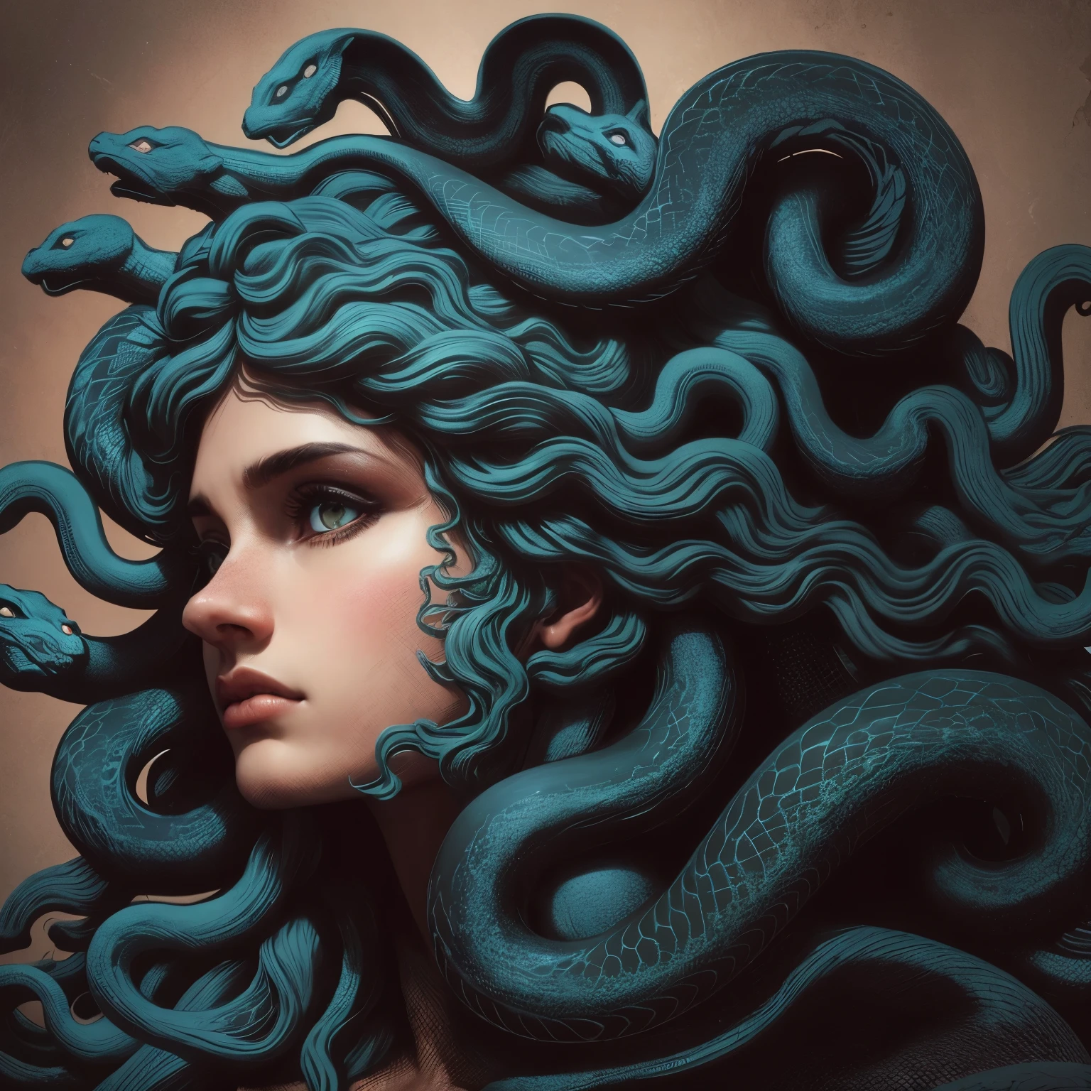 a close-up of the statue of a woman with snakes on her head, male Medusa, portrait of Medusa, Medusa, Medusa portrait painting, Medusa head, Medusa Gorgon head, fierce Medusa, Gorgon, dark portrait of Medusa, portrait of age Medusa, beautiful female Gorgon, Medusa made of wax, very sad Medusa, Medusa made of soft wax, Deus grego