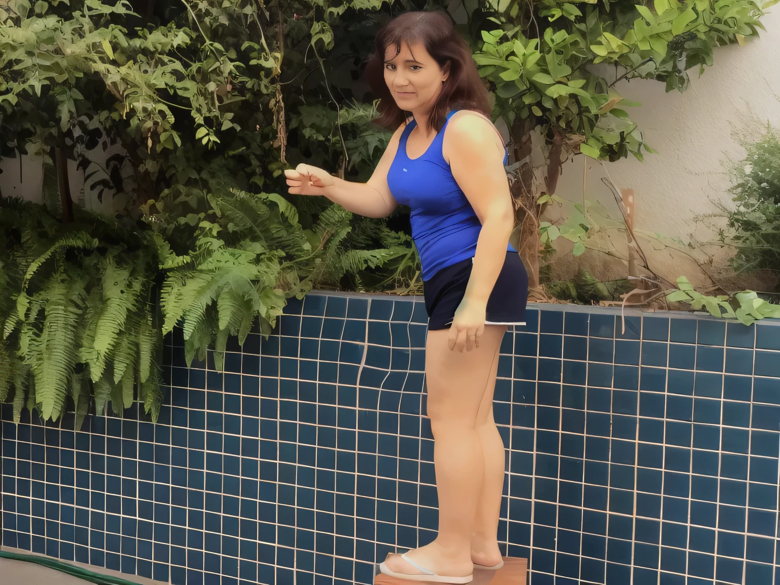 Woman standing on a stool with a plant in the background, supported on two legs, supported on 2 feet, standing on a wooden stool, wearing very short black shorts and a blue top, leg and hip photo, side view of her taking steps , standing on wooden stool, full body photo, toned legs, thighs!!!!!! . Photo taken from behind. Beautiful woman, sexy pose, extremely sexy. A beautiful Brazilian, fitness body, sports top and dark blue shorts, toned legs.
