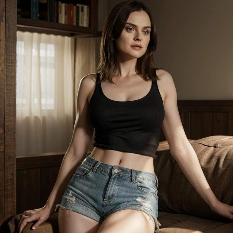 Emily Deschanel dressed in a ripped shirt and shorts