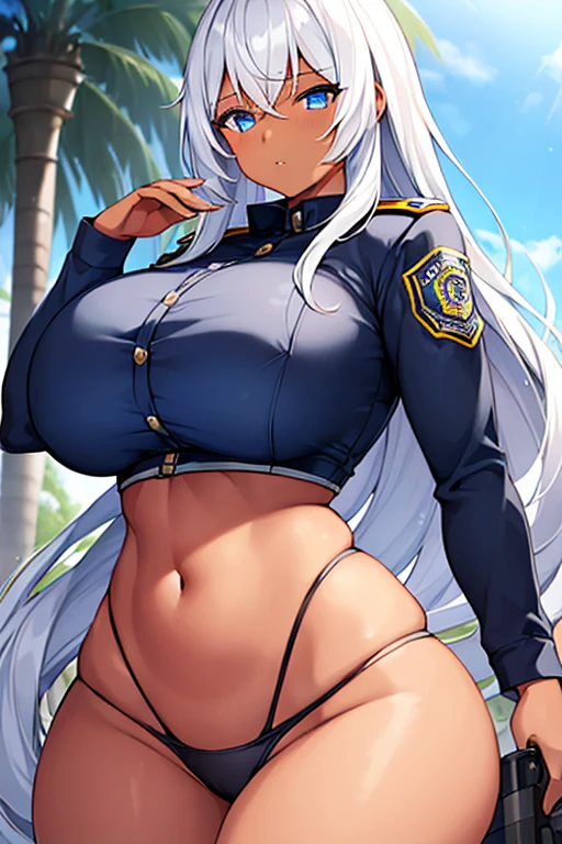 1girl, dark-skinned female, dark skin, white hair, long hair, huge breasts, thick thighs, wide hips, mature female, blue eyes, police uniform, police, policewoman, police hay, shy, timid, parted lips, bikini, highleg bikini