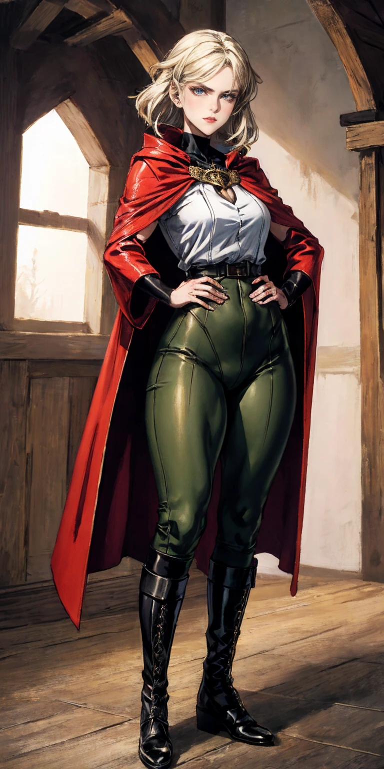 A woman with long platinum blonde hair, choppy bangs, arched crescent eyebrows, sharp and determined eyes, a delicate oval face, a serious expression, a fantasy-style dark green military coat, draped with a dark red cloak, military trousers, leather combat boots, silver greaves leggings, one hand on her hip, standing in a spacious training ground, this character embodies a finely crafted fantasy-style female military officer in anime style, exquisite and mature manga art style, pale skin, high definition, best quality, highres, ultra-detailed, ultra-fine painting, extremely delicate, professional, perfect body proportions, golden ratio, anatomically correct, symmetrical face, extremely detailed eyes and face, high quality eyes, creativity, RAW photo, UHD, 32k, Natural light, cinematic lighting, masterpiece-anatomy-perfect, masterpiece:1.5