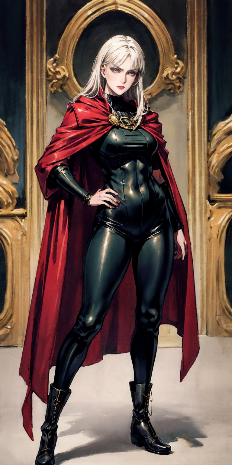 A woman with long platinum blonde hair, choppy bangs, arched crescent eyebrows, sharp and determined eyes, a delicate oval face, a serious expression, a fantasy-style dark green military coat, draped with a dark red cloak, military trousers, leather combat boots, silver greaves leggings, one hand on her hip, standing in a spacious training ground, this character embodies a finely crafted fantasy-style female military officer in anime style, exquisite and mature manga art style, pale skin, high definition, best quality, highres, ultra-detailed, ultra-fine painting, extremely delicate, professional, perfect body proportions, golden ratio, anatomically correct, symmetrical face, extremely detailed eyes and face, high quality eyes, creativity, RAW photo, UHD, 32k, Natural light, cinematic lighting, masterpiece-anatomy-perfect, masterpiece:1.5