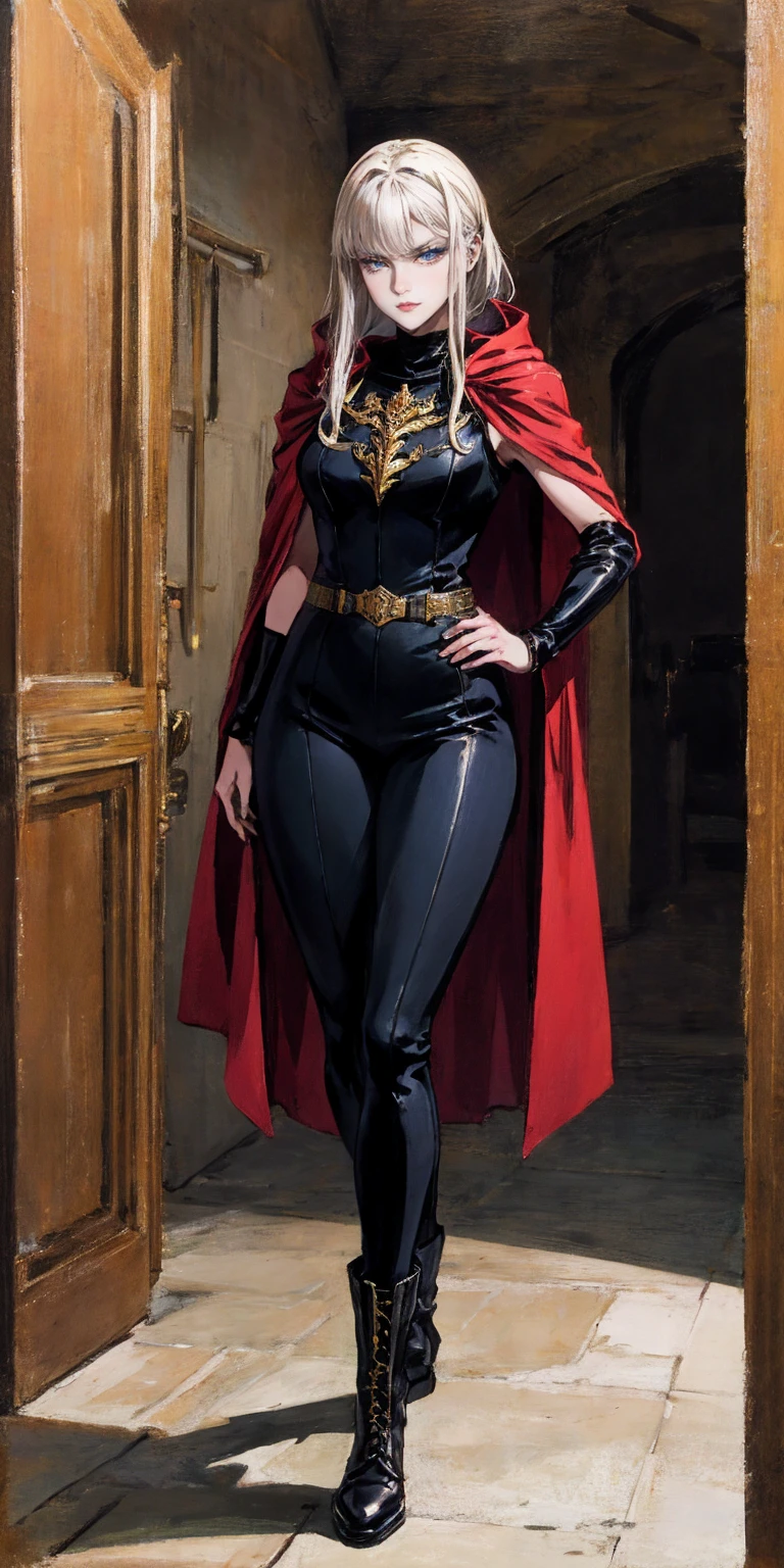 A woman with long platinum blonde hair, choppy bangs, arched crescent eyebrows, sharp and determined eyes, a delicate oval face, a serious expression, a fantasy-style dark green military coat, draped with a dark red cloak, military trousers, leather combat boots, silver greaves leggings, one hand on her hip, standing in a spacious training ground, this character embodies a finely crafted fantasy-style female military officer in anime style, exquisite and mature manga art style, pale skin, high definition, best quality, highres, ultra-detailed, ultra-fine painting, extremely delicate, professional, perfect body proportions, golden ratio, anatomically correct, symmetrical face, extremely detailed eyes and face, high quality eyes, creativity, RAW photo, UHD, 32k, Natural light, cinematic lighting, masterpiece-anatomy-perfect, masterpiece:1.5, horned girl, devil horns, elf ears, cleavage, thigh, short skirt, sexy, wide black wings