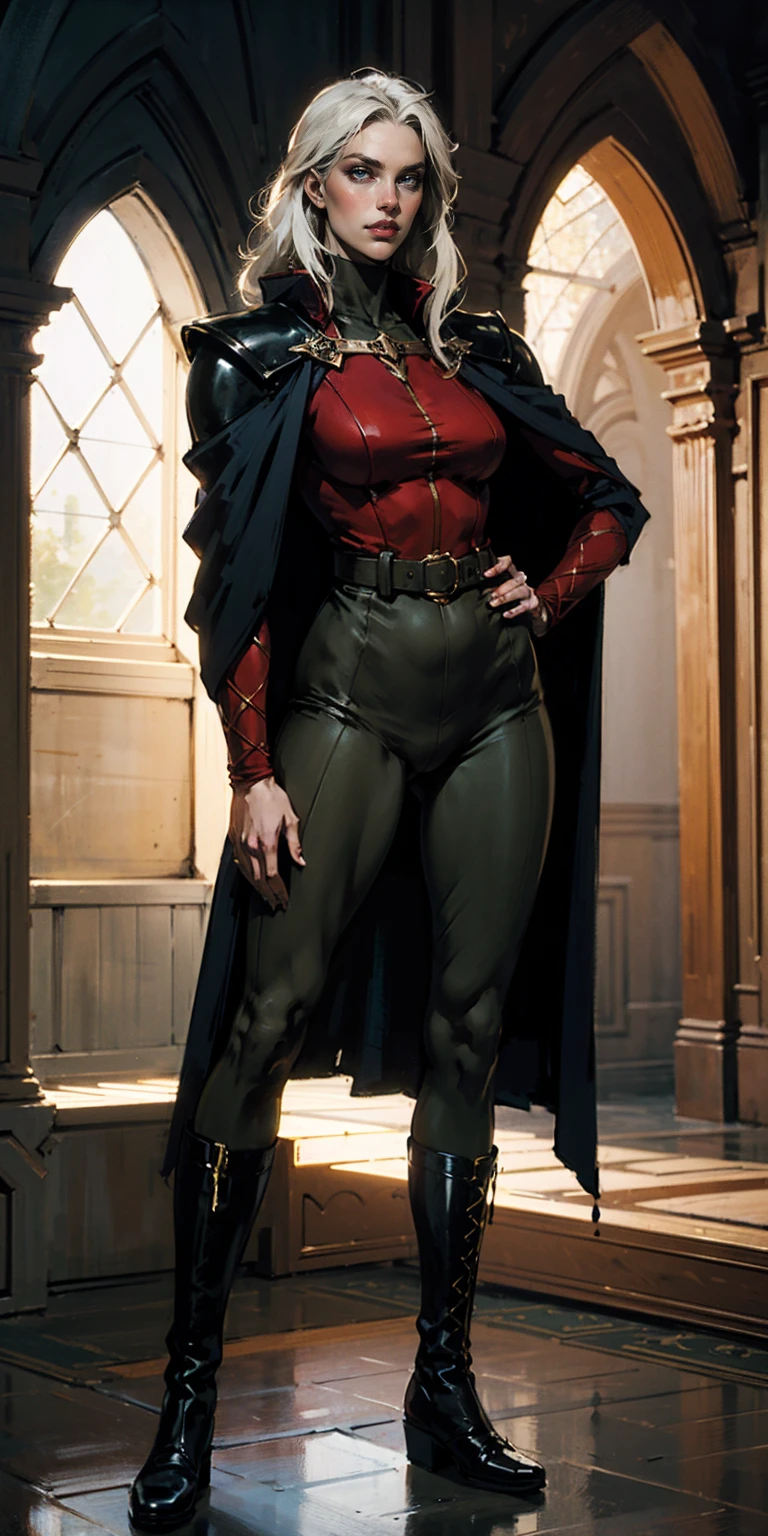 A woman with long platinum blonde hair, choppy bangs, arched crescent eyebrows, sharp and determined eyes, a delicate oval face, a serious expression, a fantasy-style dark green military coat, draped with a dark red cloak, military trousers, leather combat boots, silver greaves leggings, one hand on her hip, standing in a spacious training ground, this character embodies a finely crafted fantasy-style female military officer in anime style, exquisite and mature manga art style, pale skin, high definition, best quality, highres, ultra-detailed, ultra-fine painting, extremely delicate, professional, perfect body proportions, golden ratio, anatomically correct, symmetrical face, extremely detailed eyes and face, high quality eyes, creativity, RAW photo, UHD, 32k, Natural light, cinematic lighting, masterpiece-anatomy-perfect, masterpiece:1.5