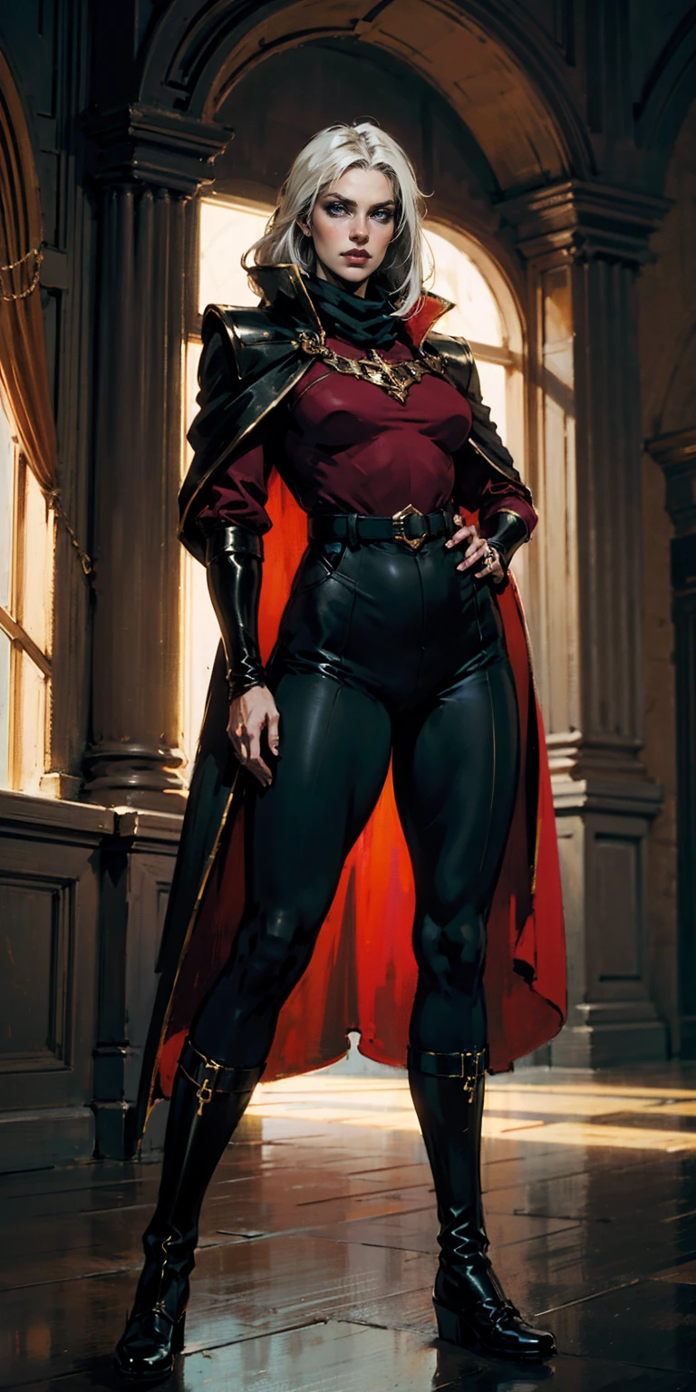 1single Milf full body standing straight symmetrical, looking at the viewer, hands on the hips, Twin drills, striped pantyhose, golden handcuffs on hands with a black leather collar around the golden heart necklace, hands on the hips, lustful smiling satisfied face red blushing