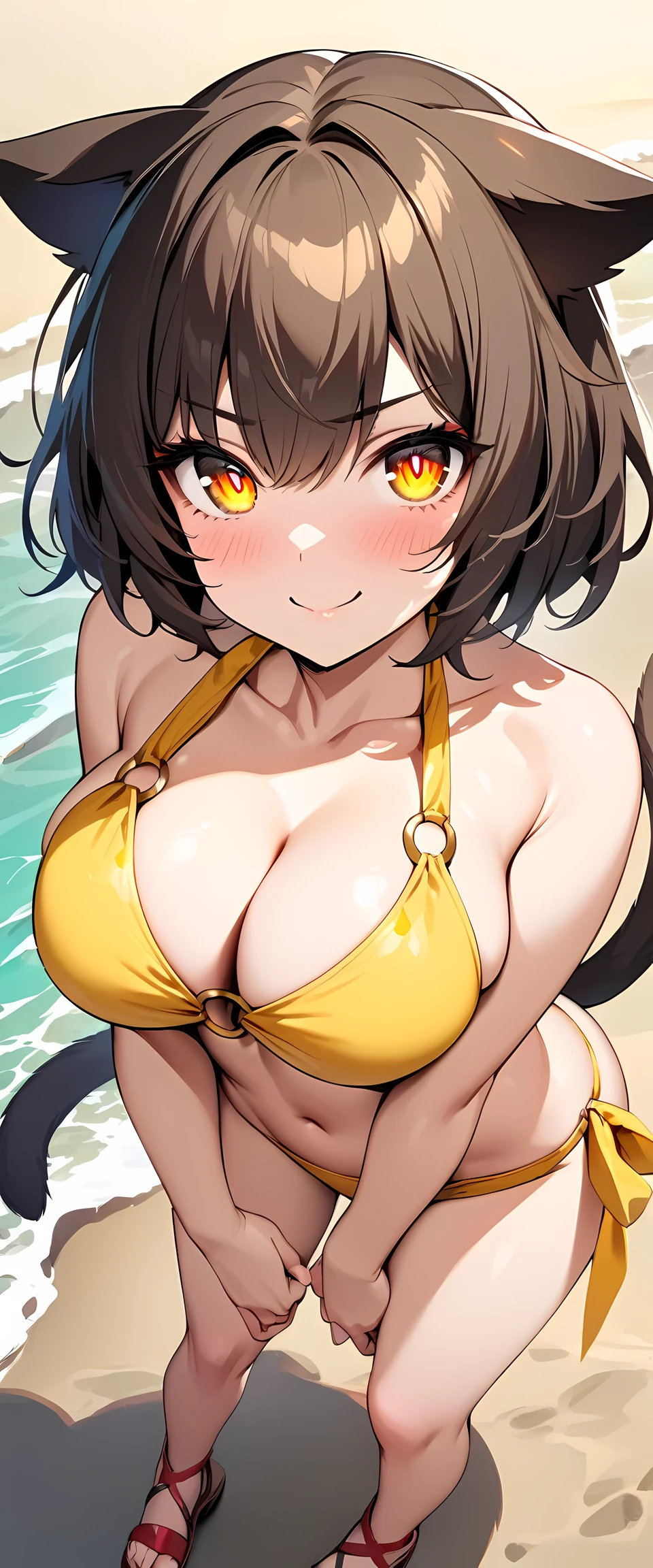 (masterpiece), best quality, expressive eyes, perfect face,1girl,chen_\(touhou\),(yellow O-ring bikini),big breasts,beach,heel sandals,(brown hair),short hair,pixie cut,[cleavage],looking at viewer,smiles,bracelets, bangles, eyeshadows, eye liner,glistening eyes, hyper detailed eyes, intricate eyes, beautiful eye, ((glowing brown pupils))、smilling face,(bare legs),standing,[seductive pose],cat ears, cat tail,multiple tails,paw psoe